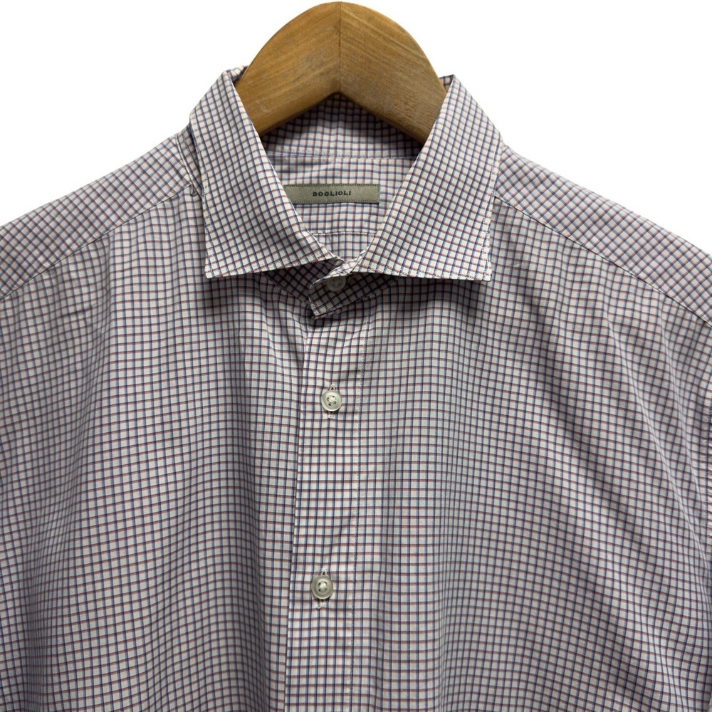 Boglioli Mens 17/43 White/Red/Blue Checkered Plaid Button Front Cotton Shirt euc